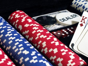 Poker chips, cards, dice